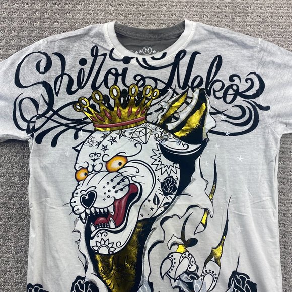 SHIROI NEKO Shirt Men Medium M Light Gray Crowned Tiger Roses Back to Back Print - Picture 2 of 14